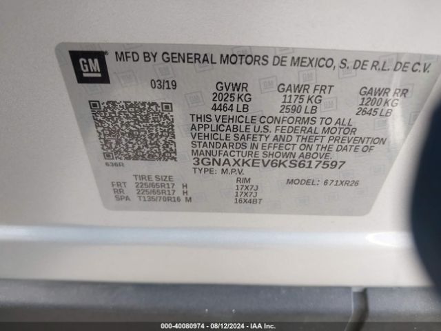 3GNAXKEV6KS617597 Chevrolet EQUINOX LT