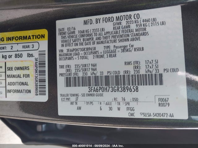 Ford FUSION SE 2016 3FA6P0H73GR389658 Image 9