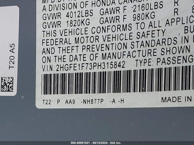 Honda Civic Ex /ex W/o Bsi 2023 2HGFE1F73PH315842 Image 8