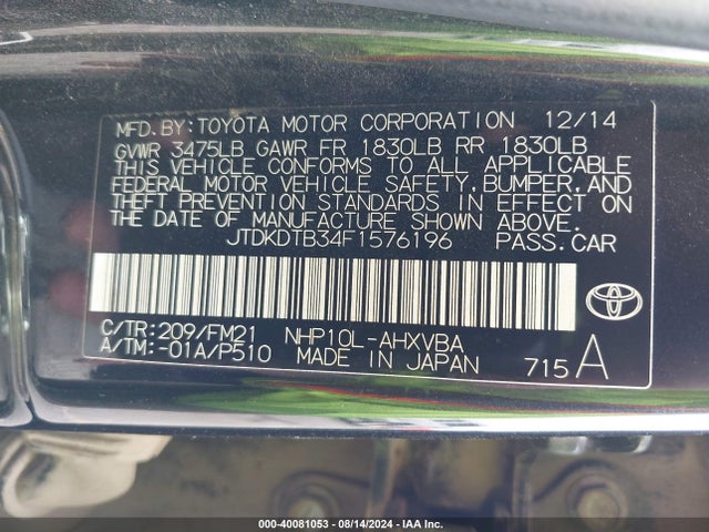 Toyota Prius C Two 2015 JTDKDTB34F1576196 Image 9