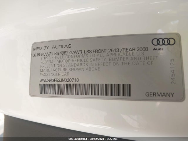 WAU2NGF53JN020718 Audi A5 2.0t Premium