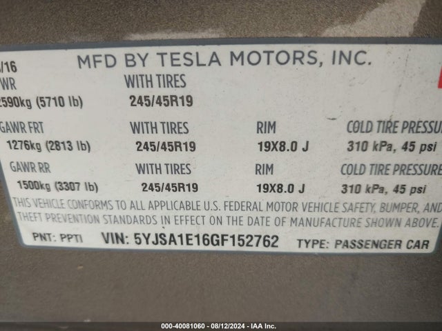 Tesla Model S 60/70/75/85 2016 5YJSA1E16GF152762 Image 9