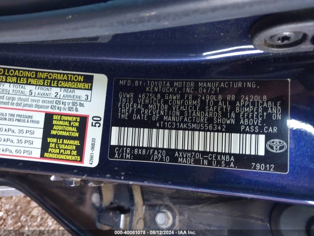 40081078 :رقم المزاد ، 4T1C31AK5MU556342 vin ، 2021 Toyota Camry Le Hybrid مزاد بيع
