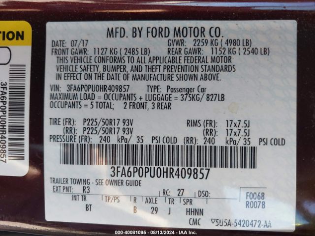3FA6P0PU0HR409857 Ford Fusion Energi Se Luxury