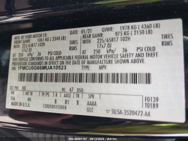 1FMCU0G66MUA10523 Ford ESCAPE SE