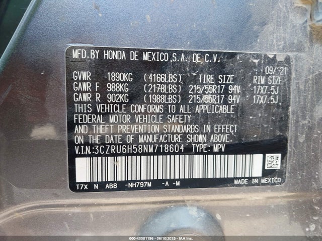 3CZRU6H58NM718604 Honda Hr-v Awd Ex