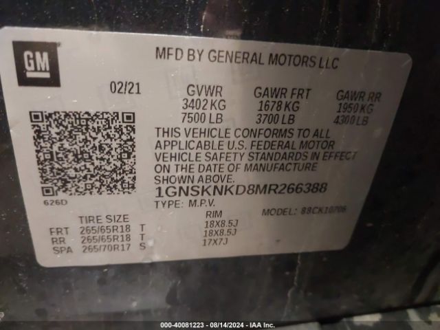 1GNSKNKD8MR266388 Chevrolet Tahoe 4wd Lt