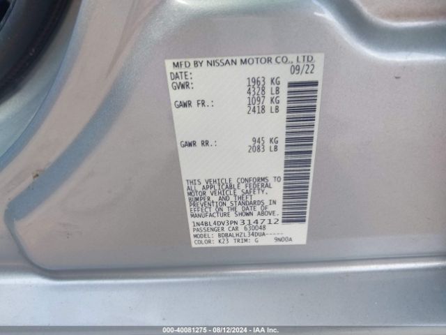 1N4BL4DV3PN314712 Nissan Altima Sv Fwd