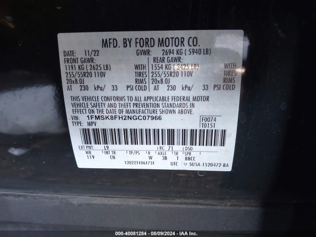 Ford Explorer Limited 2022 1FMSK8FH2NGC07966 Image 9