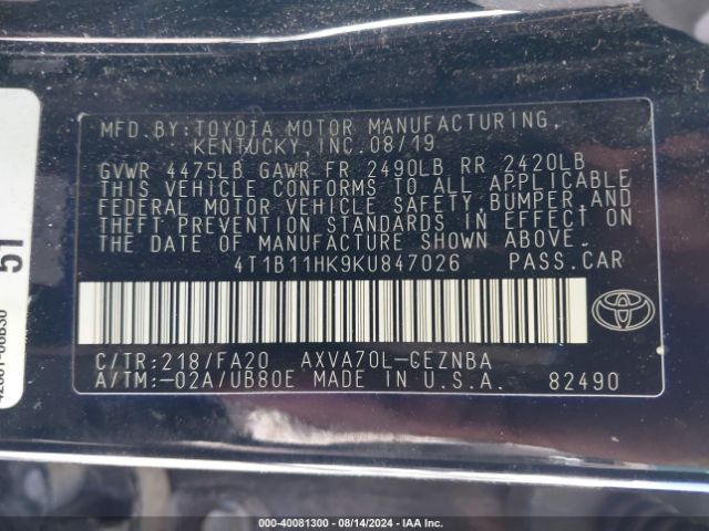 4T1B11HK9KU847026 Toyota CAMRY LE