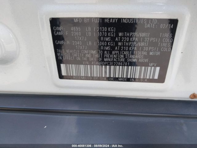 4S4BRDPC3E2286701 Subaru Outback 3.6r Limited