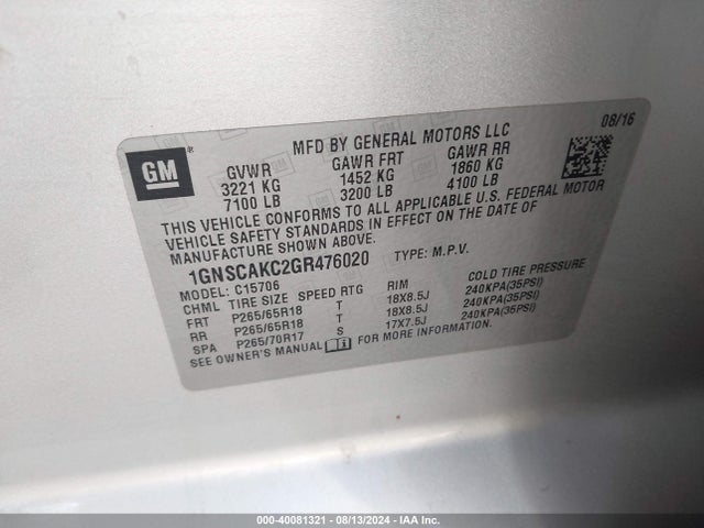 Chevrolet Tahoe Ls 2016 1GNSCAKC2GR476020 Image 9