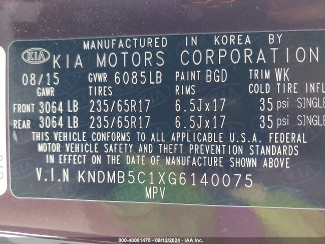 KIA SEDONA LX 2016 KNDMB5C1XG6140075 Image 9