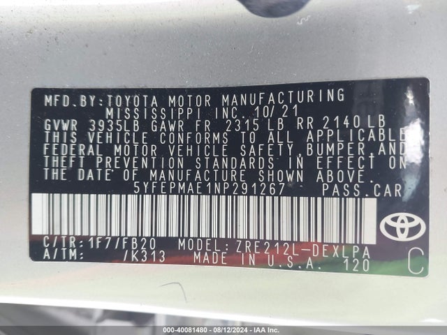 Toyota COROLLA LE 2022 5YFEPMAE1NP291267 Image 9