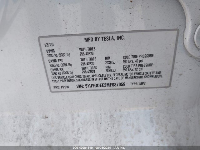 2021 TESLA MODEL Y 5YJYGDEE2MF087059 Photo 8