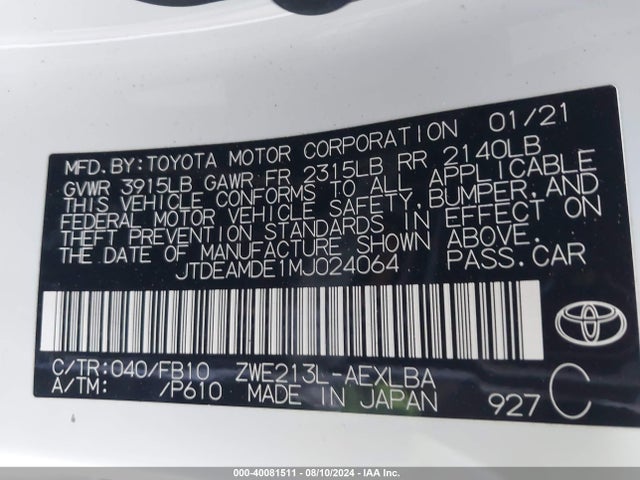 Toyota Corolla Hybrid Le 2021 JTDEAMDE1MJ024064 Image 9