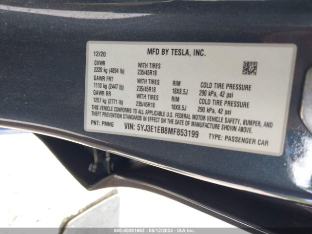 5YJ3E1EB8MF853199 Tesla Model 3 Long Range Dual Motor All-wheel Drive