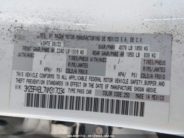 3MZBPABL7NM317034 Mazda Mazda3 Select