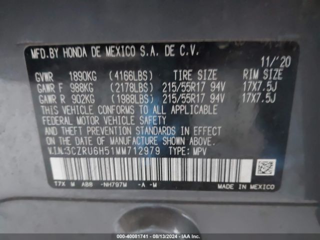 3CZRU6H51MM712979 Honda Hr-v Awd Ex