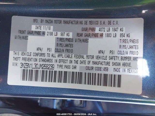 3MZBN1L30JM268239 Mazda Mazda3 Touring