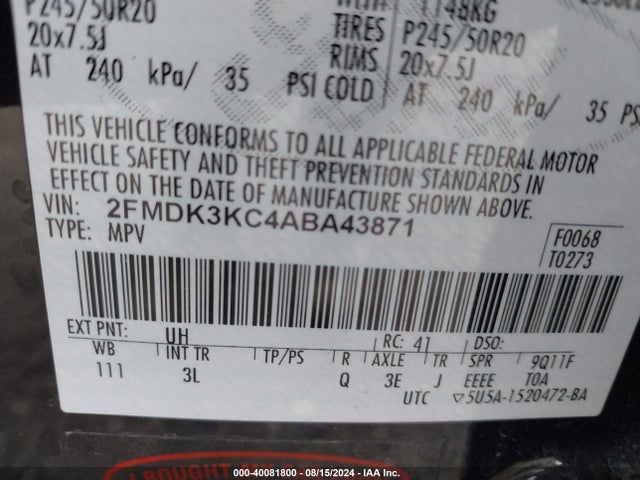 Продаж на аукціоні авто 2010 Ford Edge Limited, vin: 2FMDK3KC4ABA43871, номер лоту: 40081800