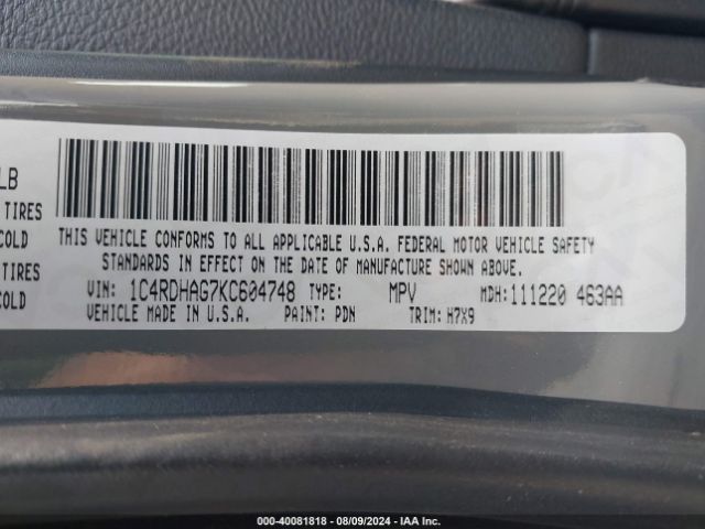 1C4RDHAG7KC604748 Dodge Durango Sxt Rwd