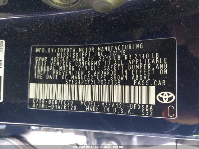 Toyota COROLLA SE 2020 5YFS4RCE7LP037159 Image 9