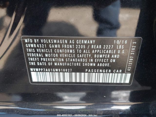 WVWPP7AU1GW916827 Volkswagen E-golf Sel Premium