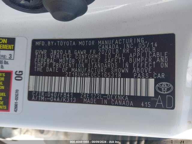 Toyota Corolla Le Plus 2014 2T1BURHE0EC165318 Image 9