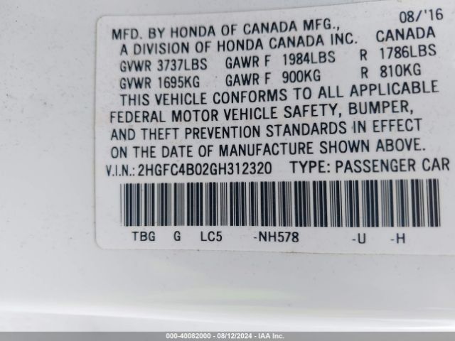 2HGFC4B02GH312320 Honda Civic Lx-p