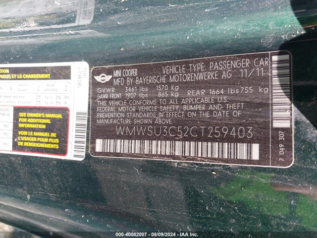 2012 MINI COOPER WMWSU3C52CT259403 Photo 8