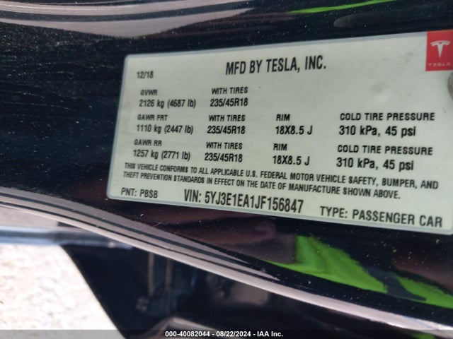 Tesla Model 3 Long Range/mid Range 2018 5YJ3E1EA1JF156847 Image 9