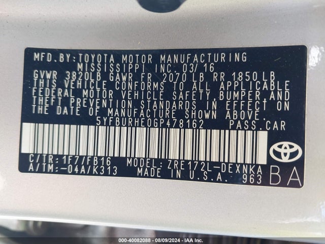 Toyota COROLLA LE 2016 5YFBURHE0GP478162 Image 9