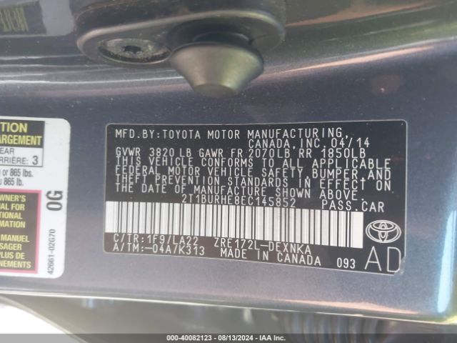 2T1BURHE8EC145852 Toyota Corolla Le Premium