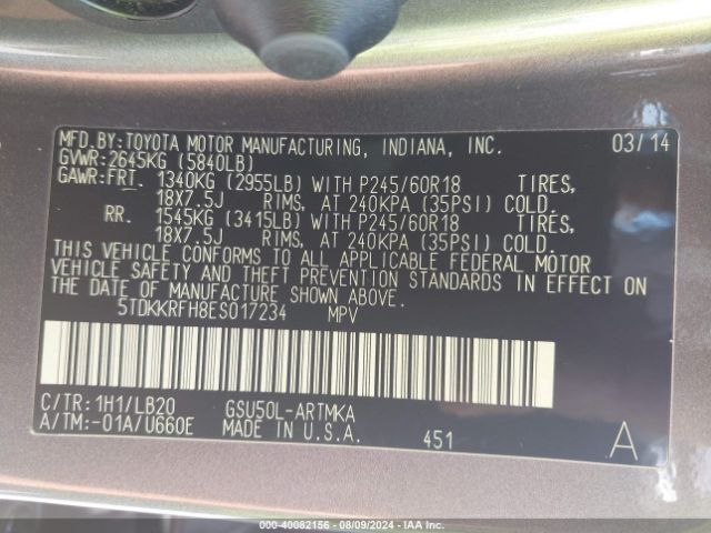 5TDKKRFH8ES017234 Toyota Highlander Xle V6
