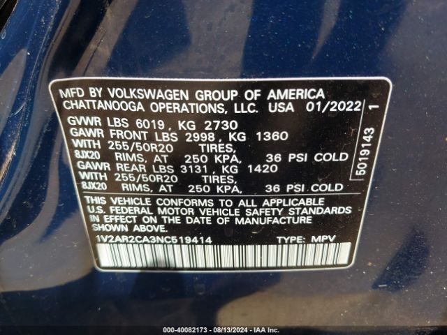 1V2AR2CA3NC519414 Volkswagen Atlas 3.6l V6 Sel R-line