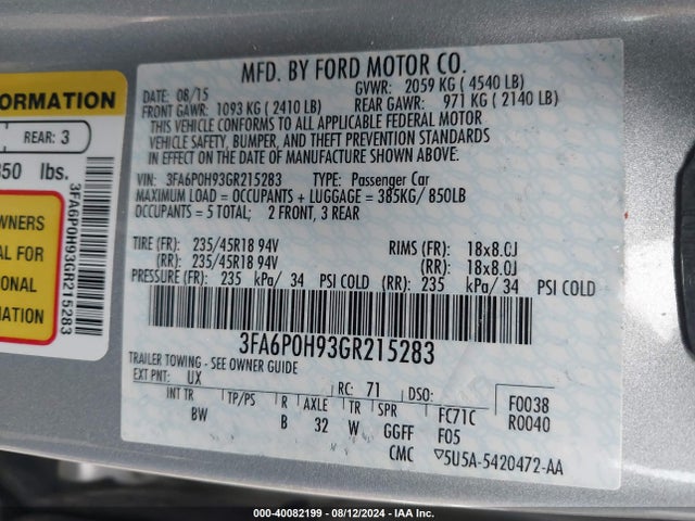 Ford FUSION SE 2016 3FA6P0H93GR215283 Image 9