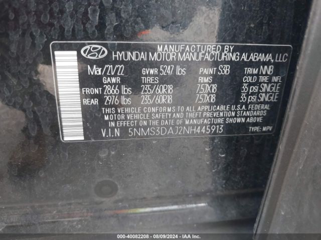 5NMS3DAJ2NH445913 Hyundai Santa Fe Sel