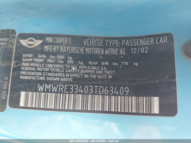 2003 MINI COOPER S WMWRE33403TD63409 Photo 8