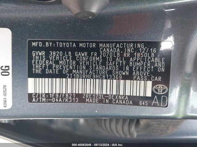 Toyota COROLLA LE 2017 2T1BURHE9HC813369 Image 9