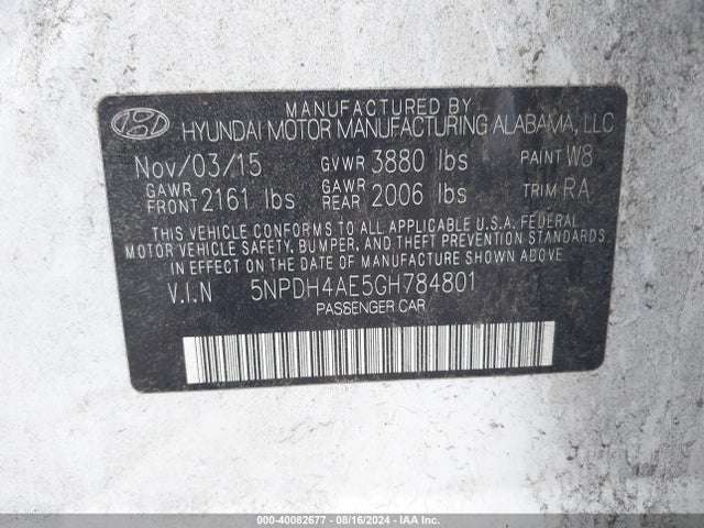 5NPDH4AE5GH784801 Hyundai ELANTRA SE