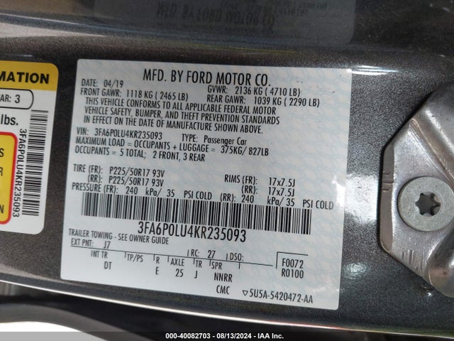 Ford Fusion Hybrid Se 2019 3FA6P0LU4KR235093 Image 9