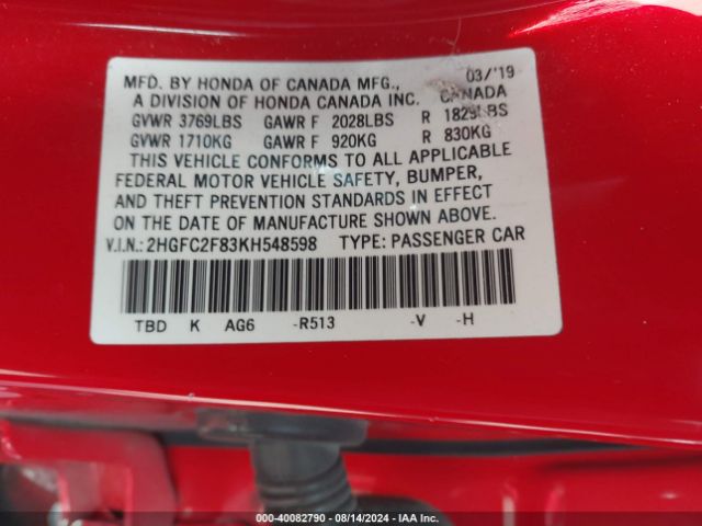2HGFC2F83KH548598 Honda Civic Sport