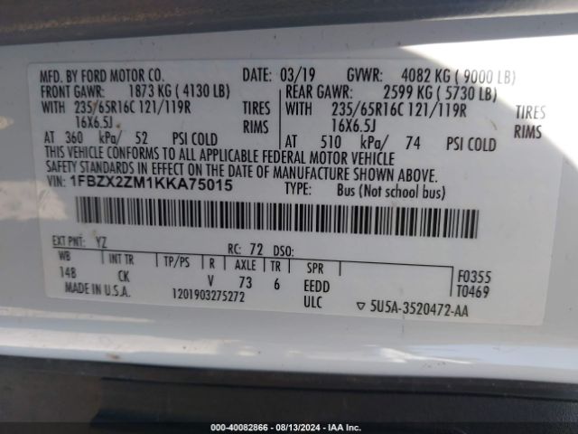 1FBZX2ZM1KKA75015 Ford Transit-350 Xlt
