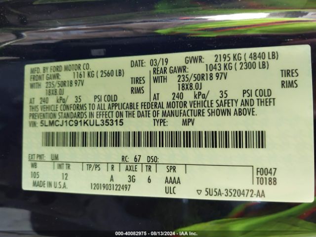 5LMCJ1C91KUL35315 Lincoln Mkc Standard