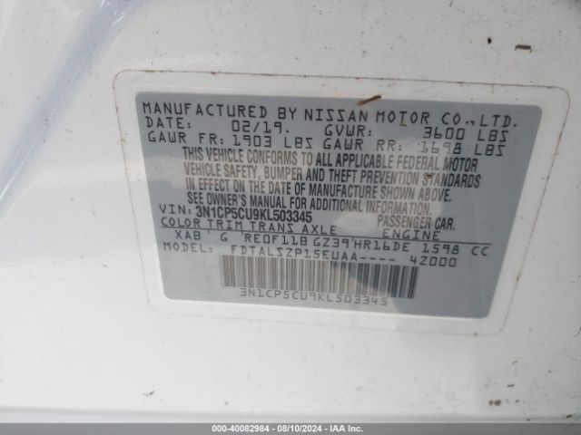 3N1CP5CU9KL503345 Nissan KICKS SV