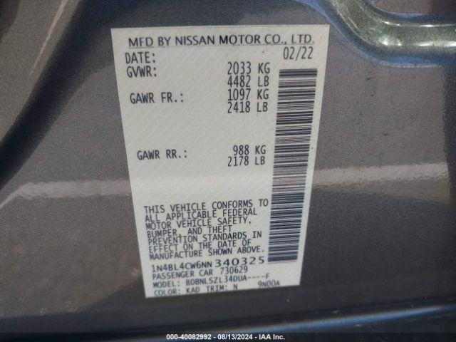 1N4BL4CW6NN340325 Nissan Altima Sr Intelligent Awd