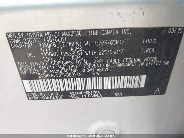 Toyota Rav4 Xle 2015 2T3RFREV3FW389249 Image 9