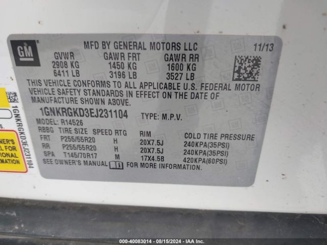 1GNKRGKD3EJ231104 Chevrolet Traverse 1lt