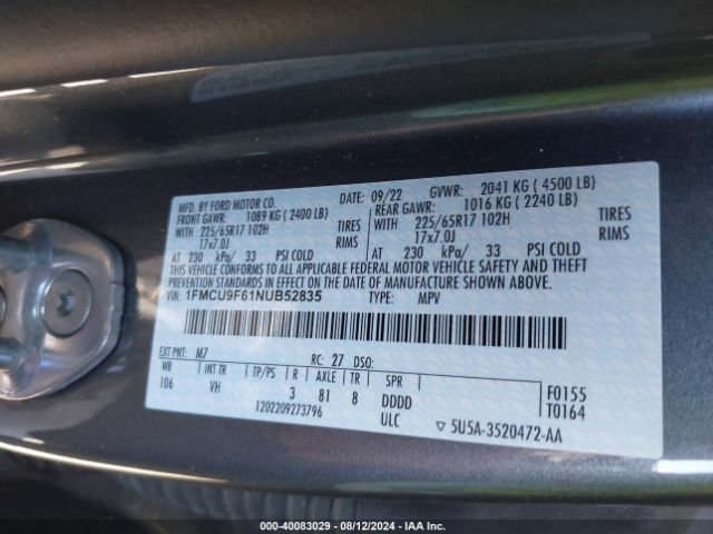 1FMCU9F61NUB52835 Ford ESCAPE S